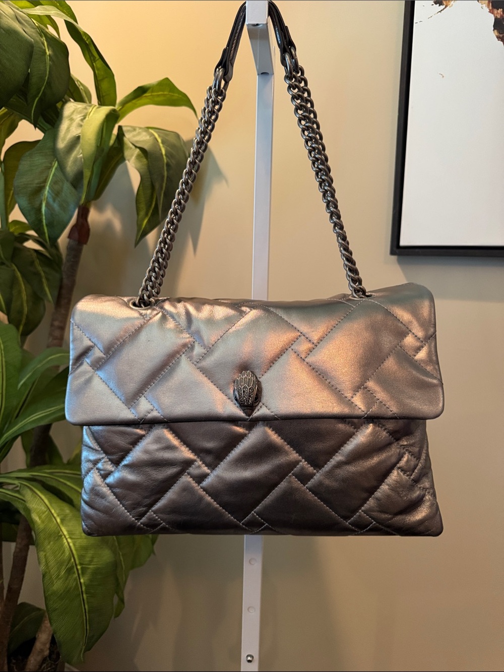 Kurt Geiger Metallic Quilted Shoulder Bag - Silver/ pewter XXL size